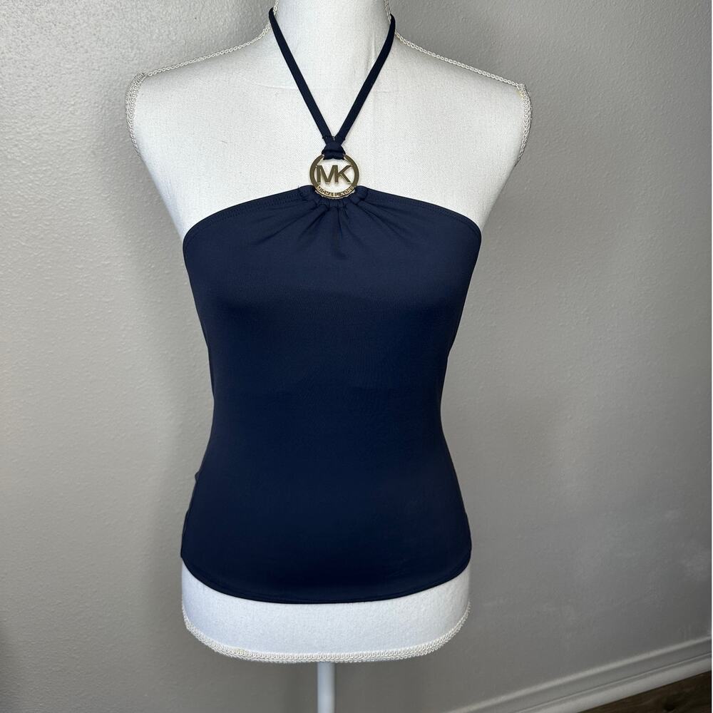 Michael Kors Navy Blue Halter Tankini Top XS Gold MK Logo Hardware Swimwear
